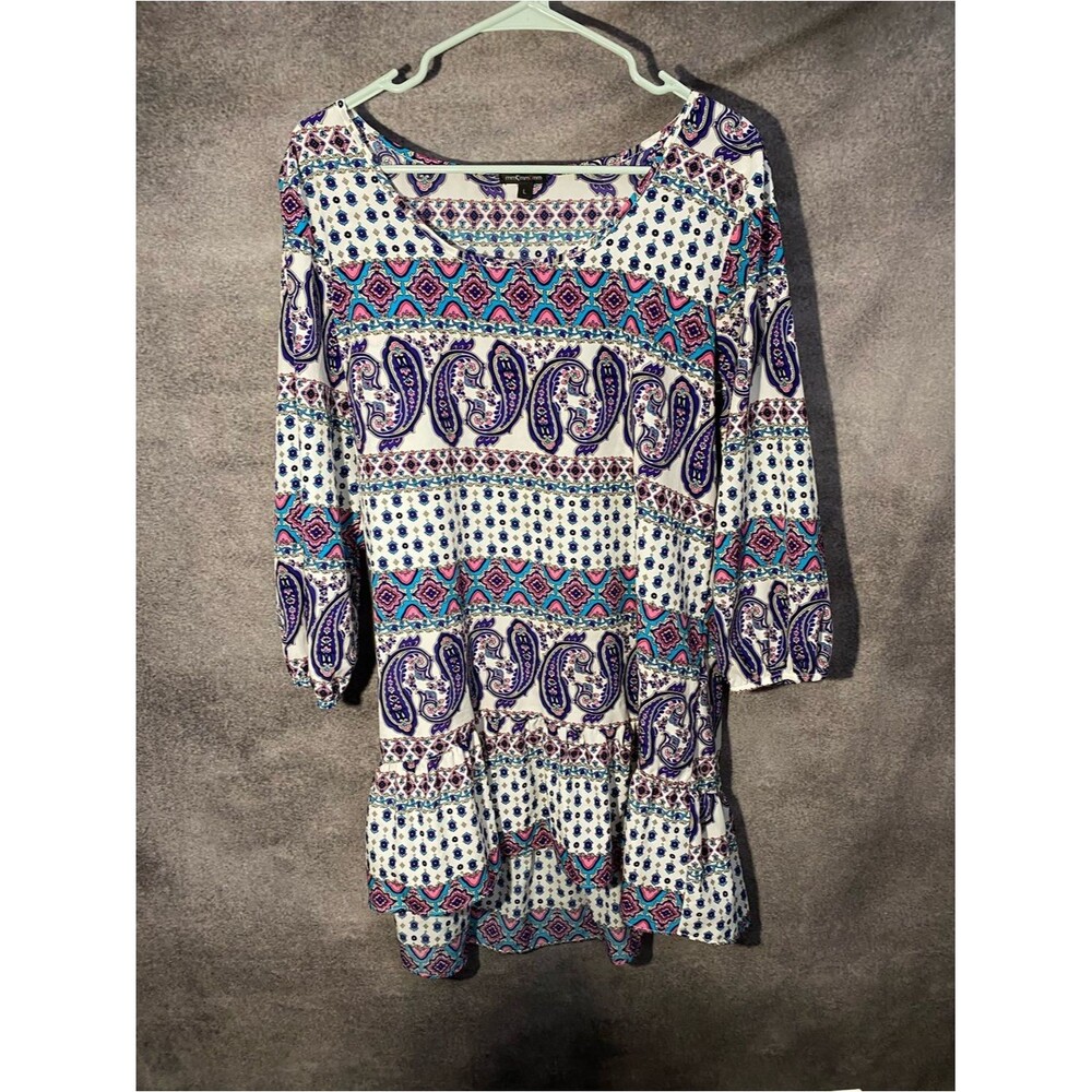 mmCmmmCmm Dress L Blue Pink Paisley Floral Tunic Shift Bell Sleeve Tiered Ruffle